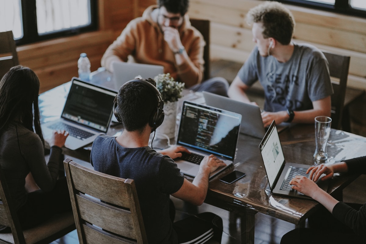 A team collaborating in a shared workspace